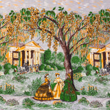 1950’s Southern Homes with Women Border Print Cotton fabric - grey and yellow colorway (P70)