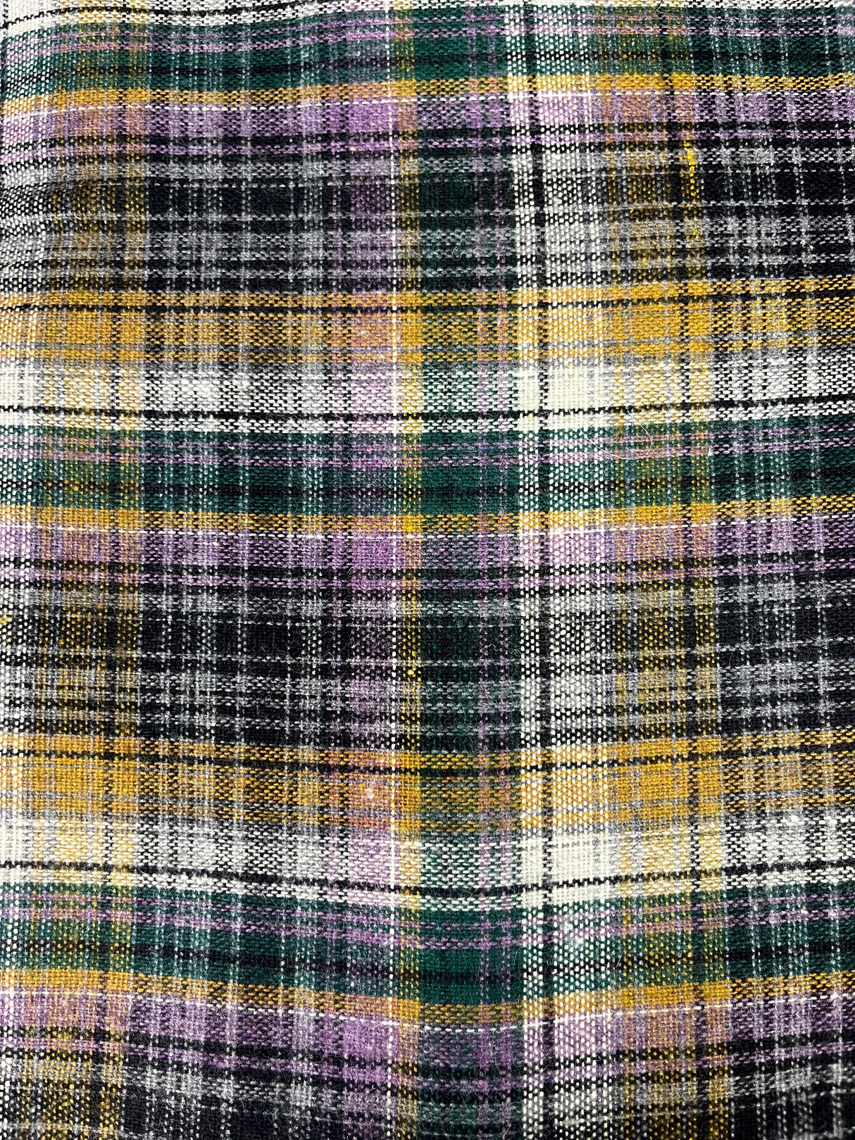 1980’s Mustard, Purple, Green and White Woven Plaid Wool Fabric