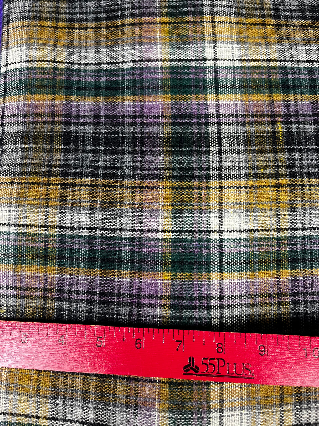 1980’s Mustard, Purple, Green and White Woven Plaid Wool Fabric