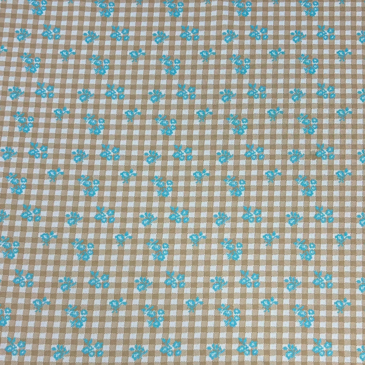 1970’s Tan and White with Blue Floral Double Knit Polyester Fabric - BTY (G12)