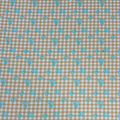 1970’s Tan and White with Blue Floral Double Knit Polyester Fabric - BTY