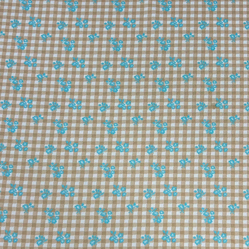 1970’s Tan and White with Blue Floral Double Knit Polyester Fabric - BTY