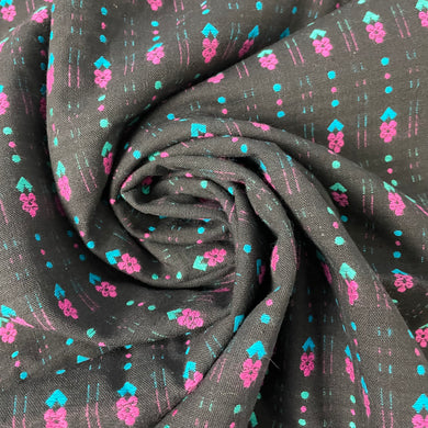 1970/80’s Black with Pink and Teal Blue Flowers Leno Weave Homespun style fabric