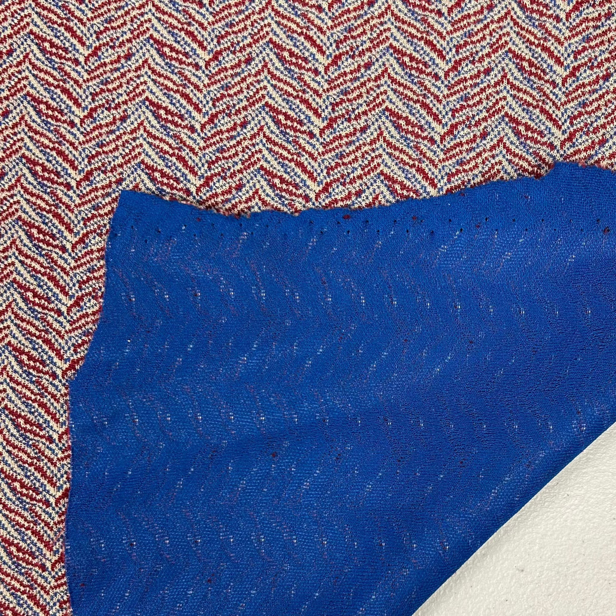 1970’s Red and Blue Zig Zag Polyester Double Knit Fabric - BTY