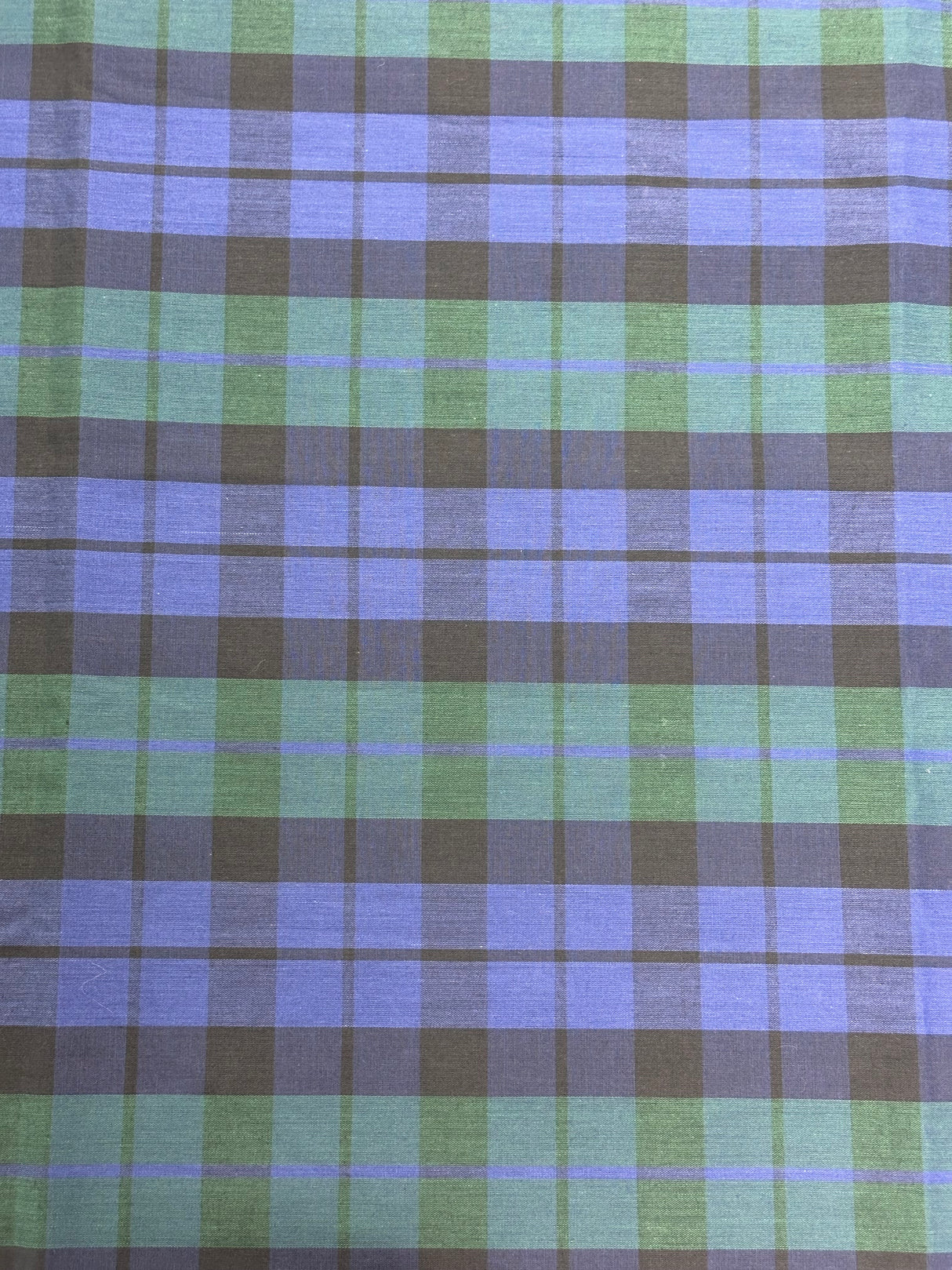 1970’s Royal Blue and Green Medium Plaid Cotton Blend Fabric - (P210)