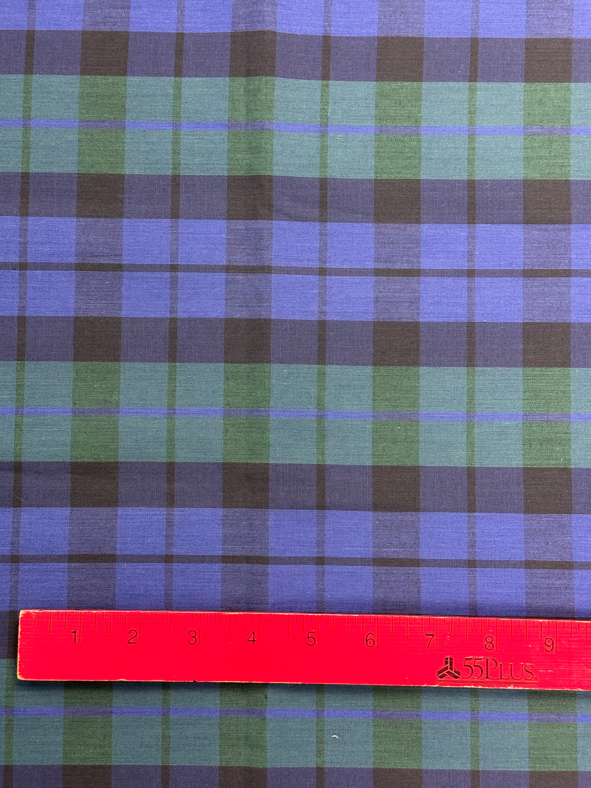 1970’s Royal Blue and Green Medium Plaid Cotton Blend Fabric - (P210)