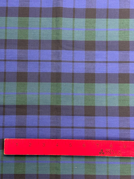 1970’s Royal Blue and Green Medium Plaid Cotton Blend Fabric - (P210)