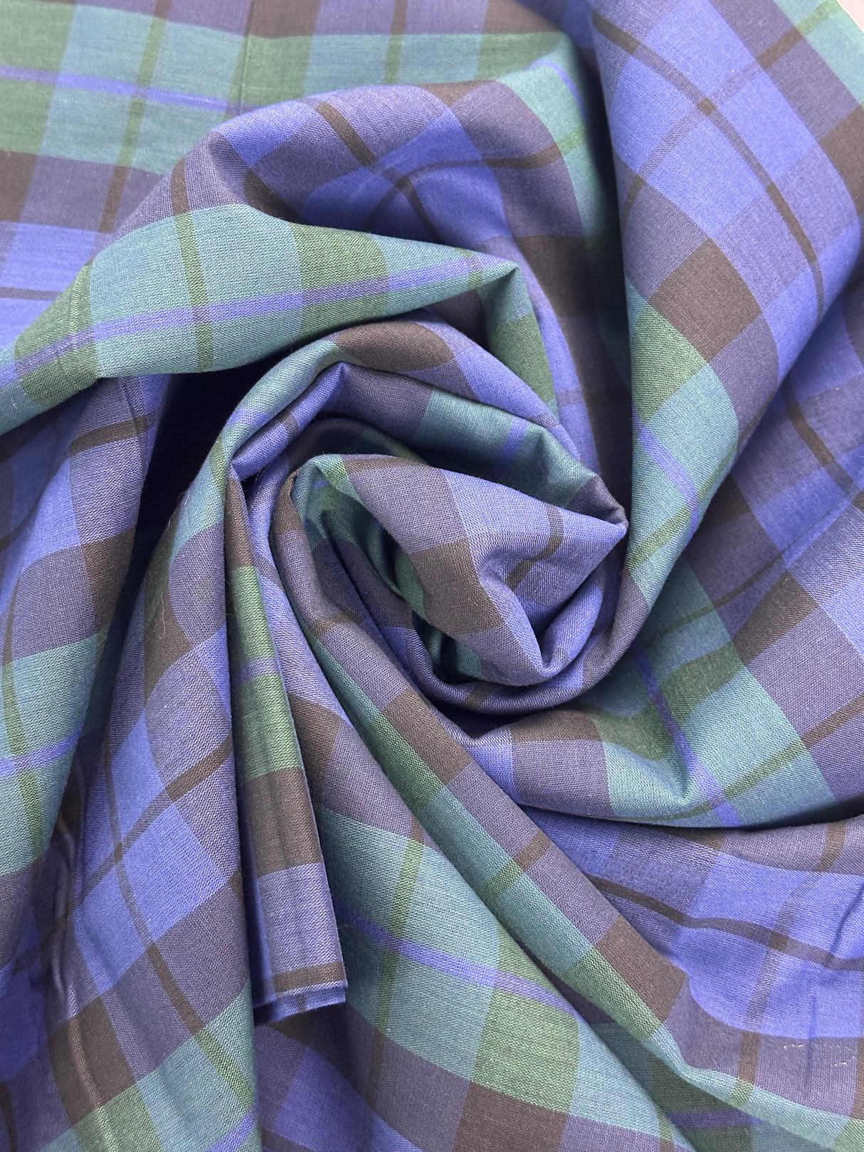 1970’s Royal Blue and Green Medium Plaid Cotton Blend Fabric - (P210)