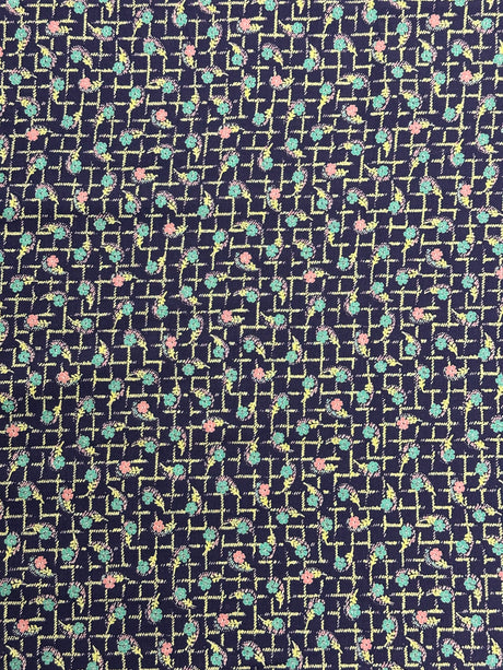 1950’s Purple with Pink and Teal Floral on Green Vine Plaid Cotton Fabric - (P214)