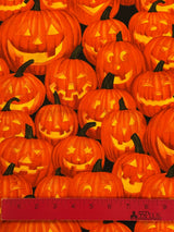 2000's Black Background Pumpkin and Jack -o-lantern Cotton Blend Fabric - (P224)