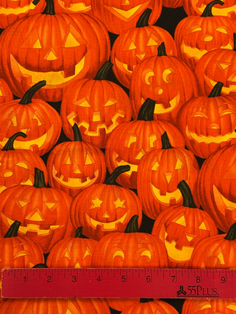 2000's Black Background Pumpkin and Jack -o-lantern Cotton Blend Fabric - (P224)