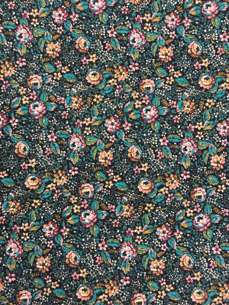 1970's Black with Pink/Blue/Brown Floral Print Cotton Blend Fabric - (P234)