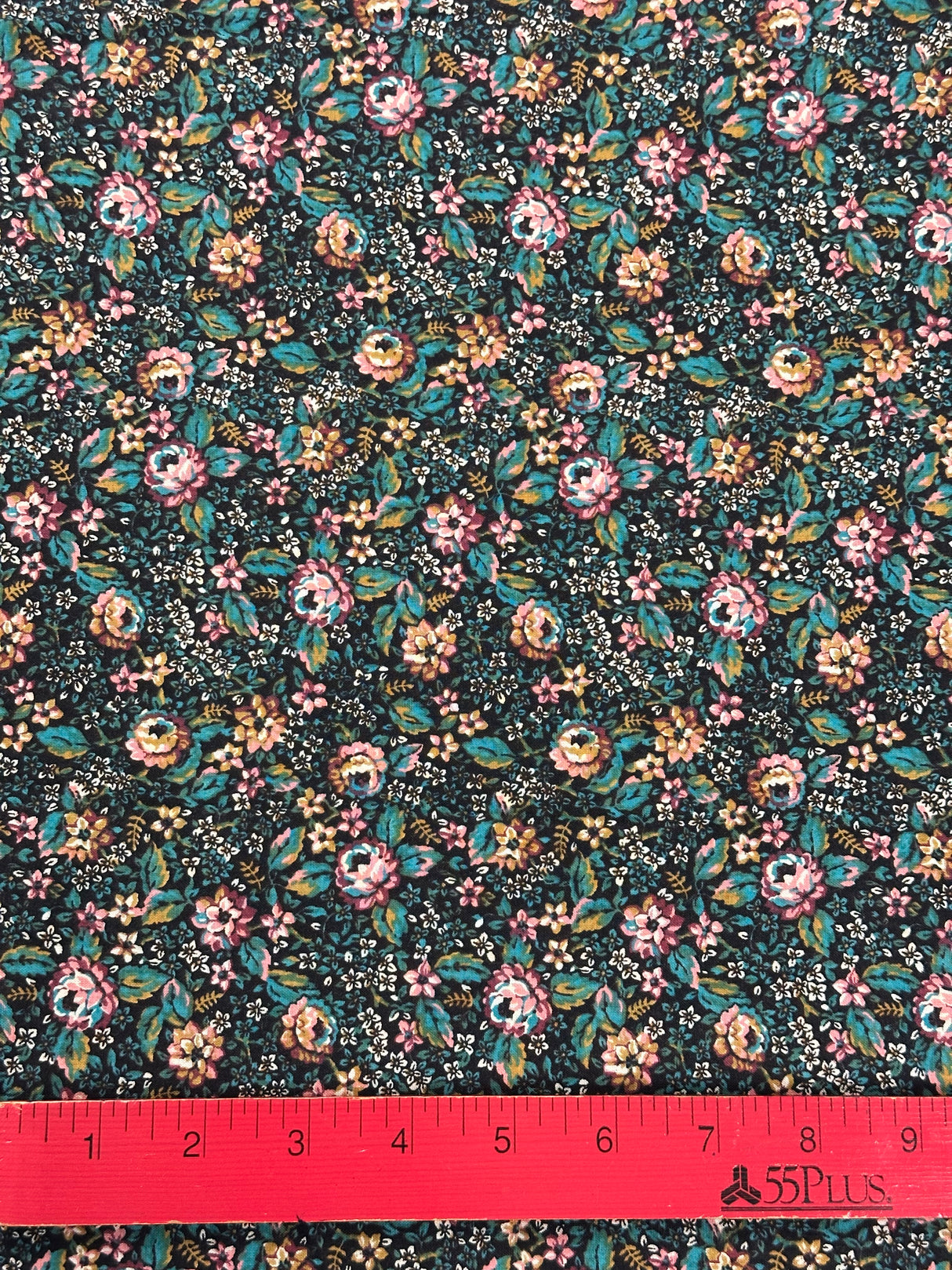 1970's Black with Pink/Blue/Brown Floral Print Cotton Blend Fabric - (P234)