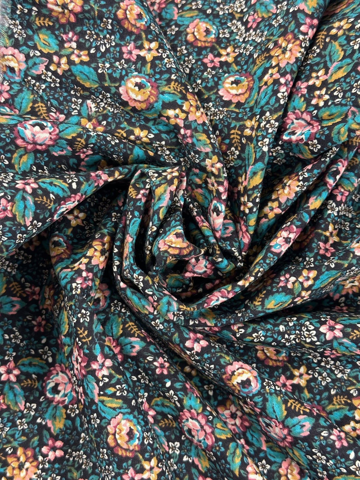 1970's Black with Pink/Blue/Brown Floral Print Cotton Blend Fabric - (P234)