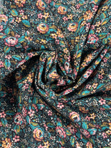 1970's Black with Pink/Blue/Brown Floral Print Cotton Blend Fabric - (P234)