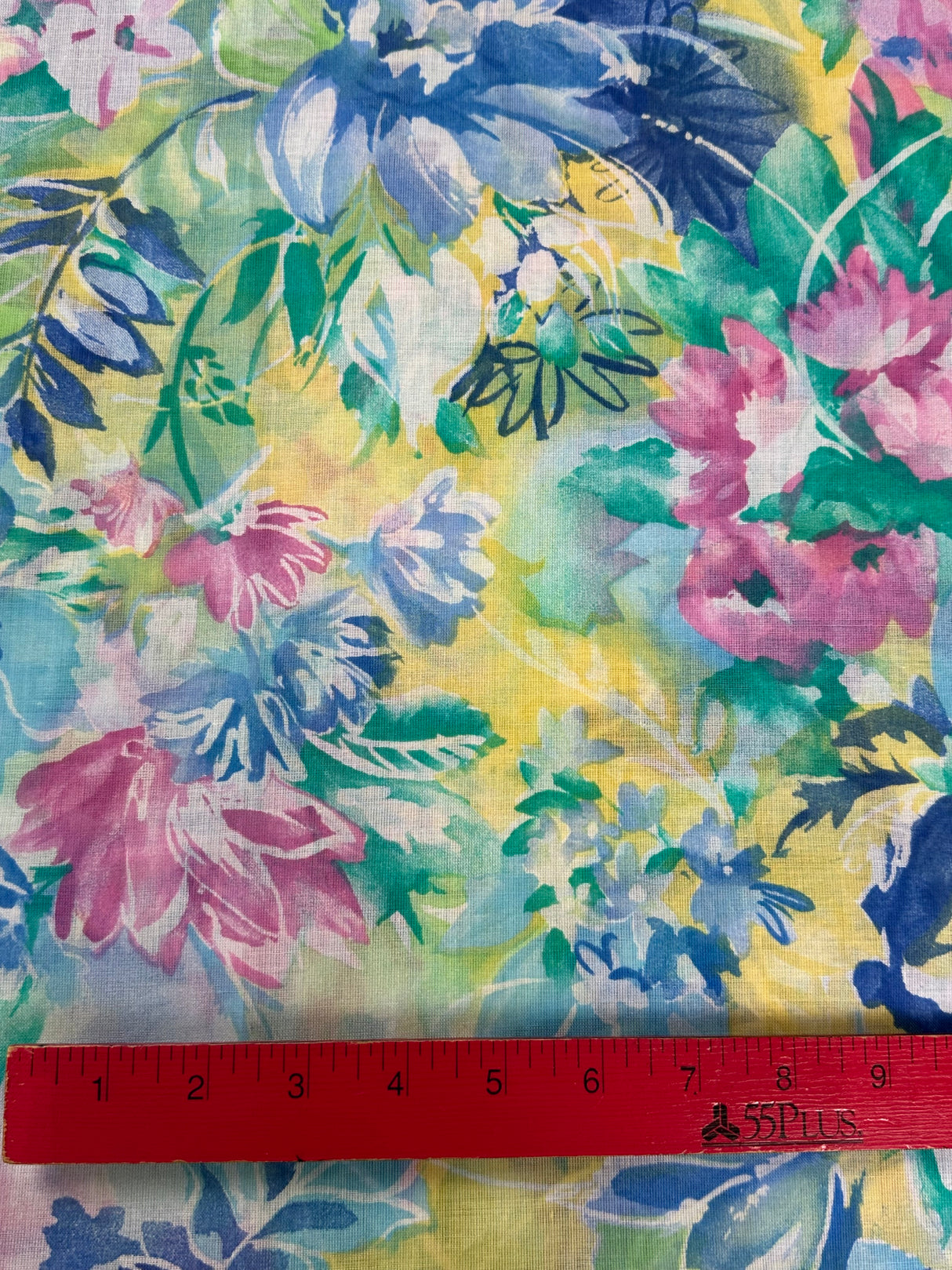 1980's Blue/Pink/Yellow/Green Watercolor Floral Cotton Blend Fabric - (P239)