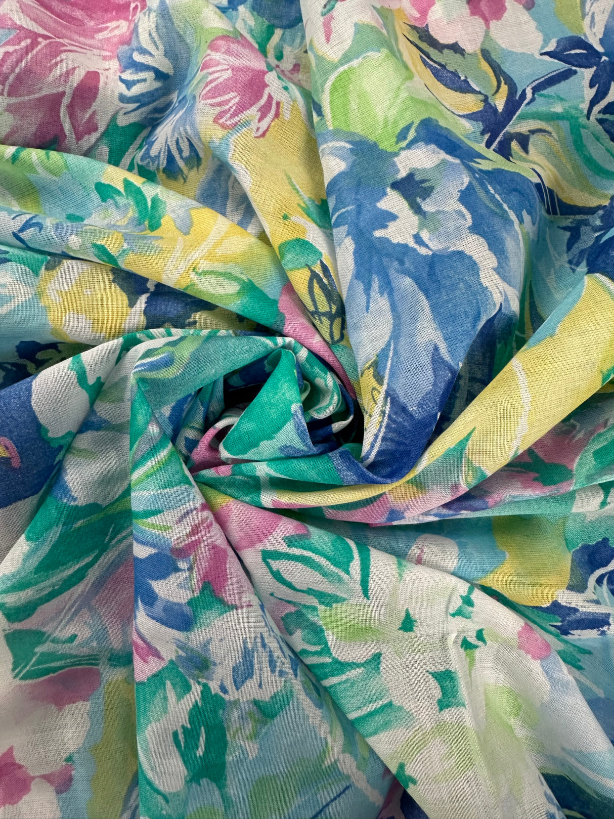 1980's Blue/Pink/Yellow/Green Watercolor Floral Cotton Blend Fabric - (P239)