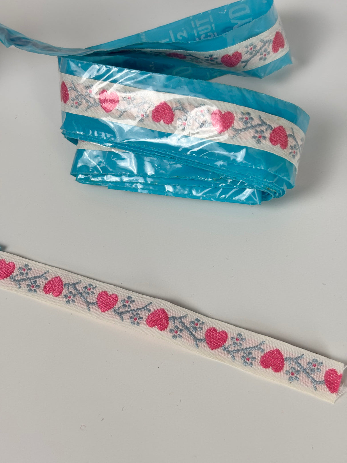 1990's Pink Heart and Blue Floral Jacquard Ribbon Trim