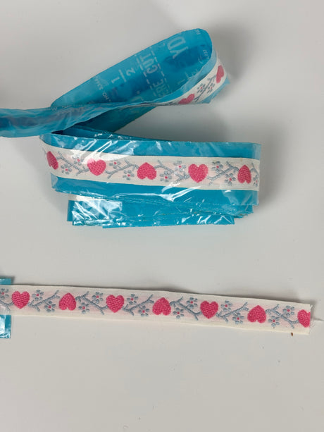 1990's Pink Heart and Blue Floral Jacquard Ribbon Trim