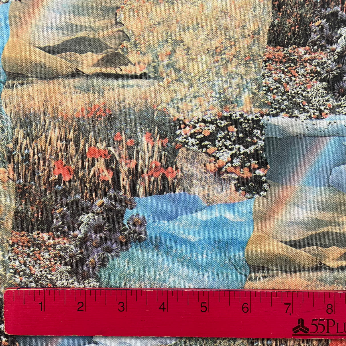 1970’s Collage Artwork with Rainbow Novelty Print Polyester Fabric - BTY