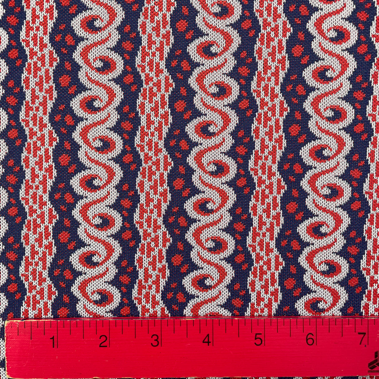 1970’s Red White and Blue Swirl Striped Polyester Double Knit Fabric - BTY