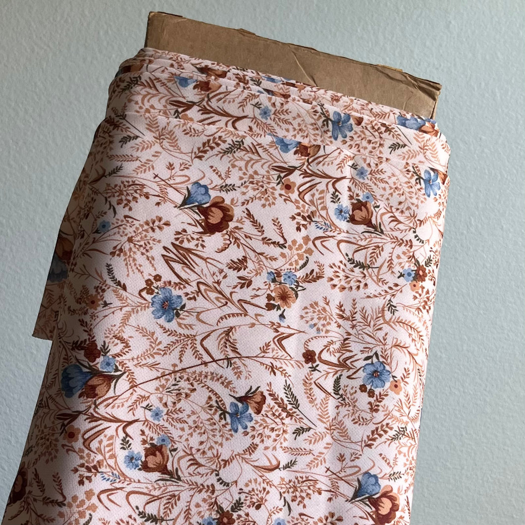 1970's Peach with Brown and Blue Florals - Brushed polyester - BTY