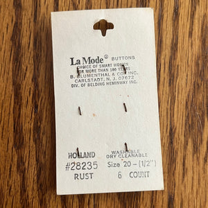 1970’s La Mode Beige Wood Grain Buttons - Brown - Set of 6 - Size 20 - 1/2" -  on card