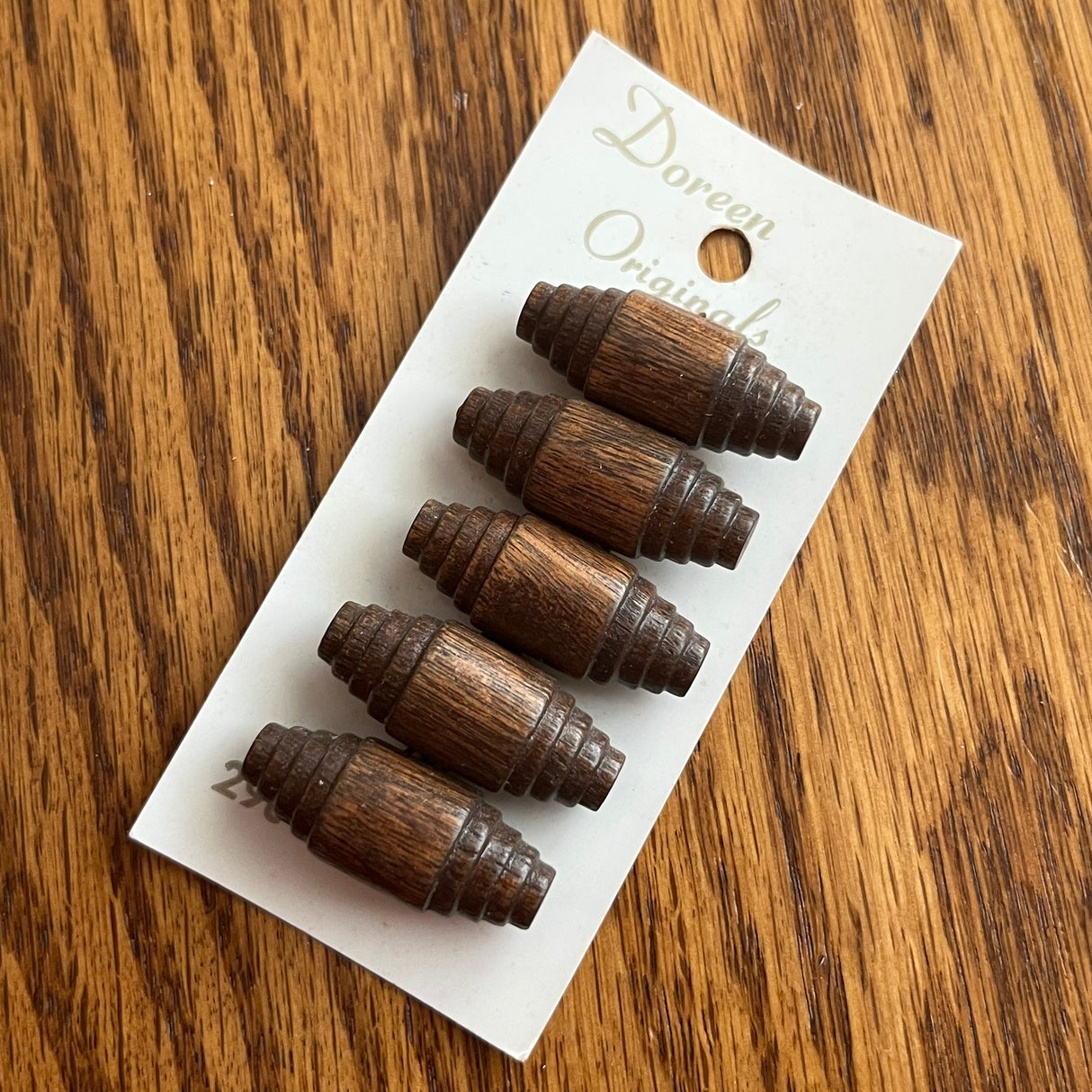 1960’s Doreen Wooden Shank Buttons - Dark Wood - set of 5 - 1 1/4" - on card