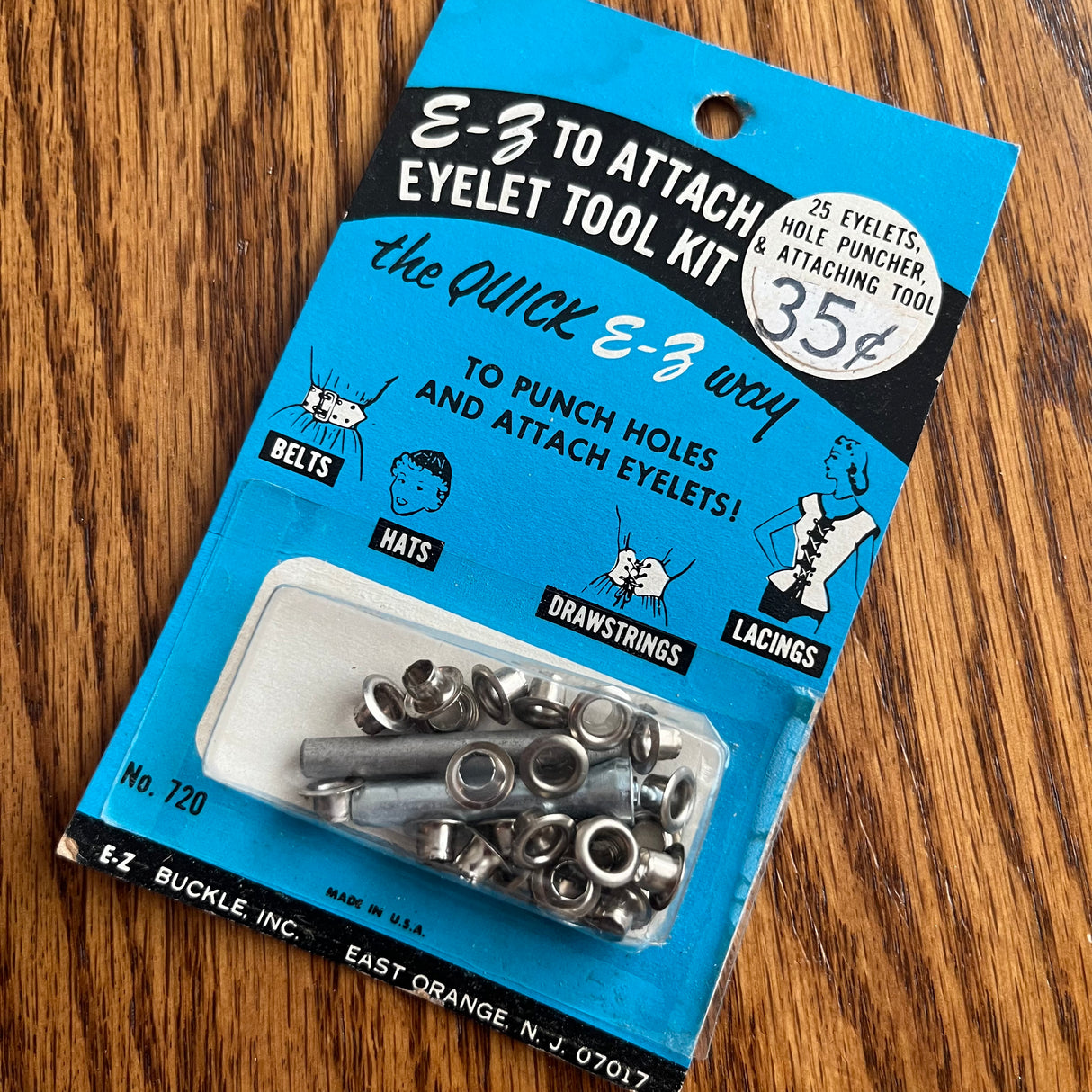 1960's E-Z Eyelet Tool Kit - 25 Eyelets, Hole Puncher and Attaching tool - Silver tone - NOS