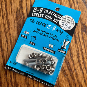 1960's E-Z Eyelet Tool Kit - 25 Eyelets, Hole Puncher and Attaching tool - Silver tone - NOS