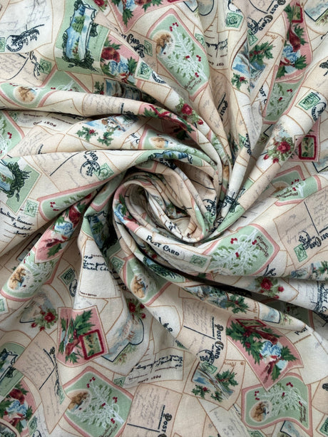 Modern Cream color Christmas Postcard Fabric - P256