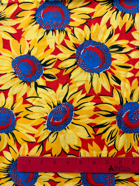1980’s Yellow and Red Sunflower Print Cotton Blend Fabric - P257