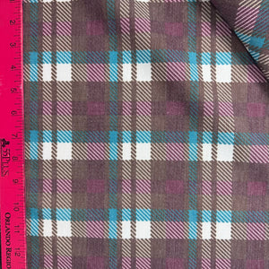 1970’s Brown, Blue, Purple and White Plaid Fabric - Wool & Polyester - BTY