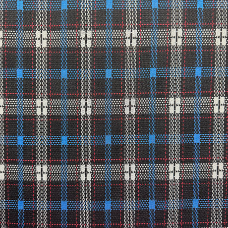 1970’s Black White Red Blue Plaid Fabric- Polyester - BTY