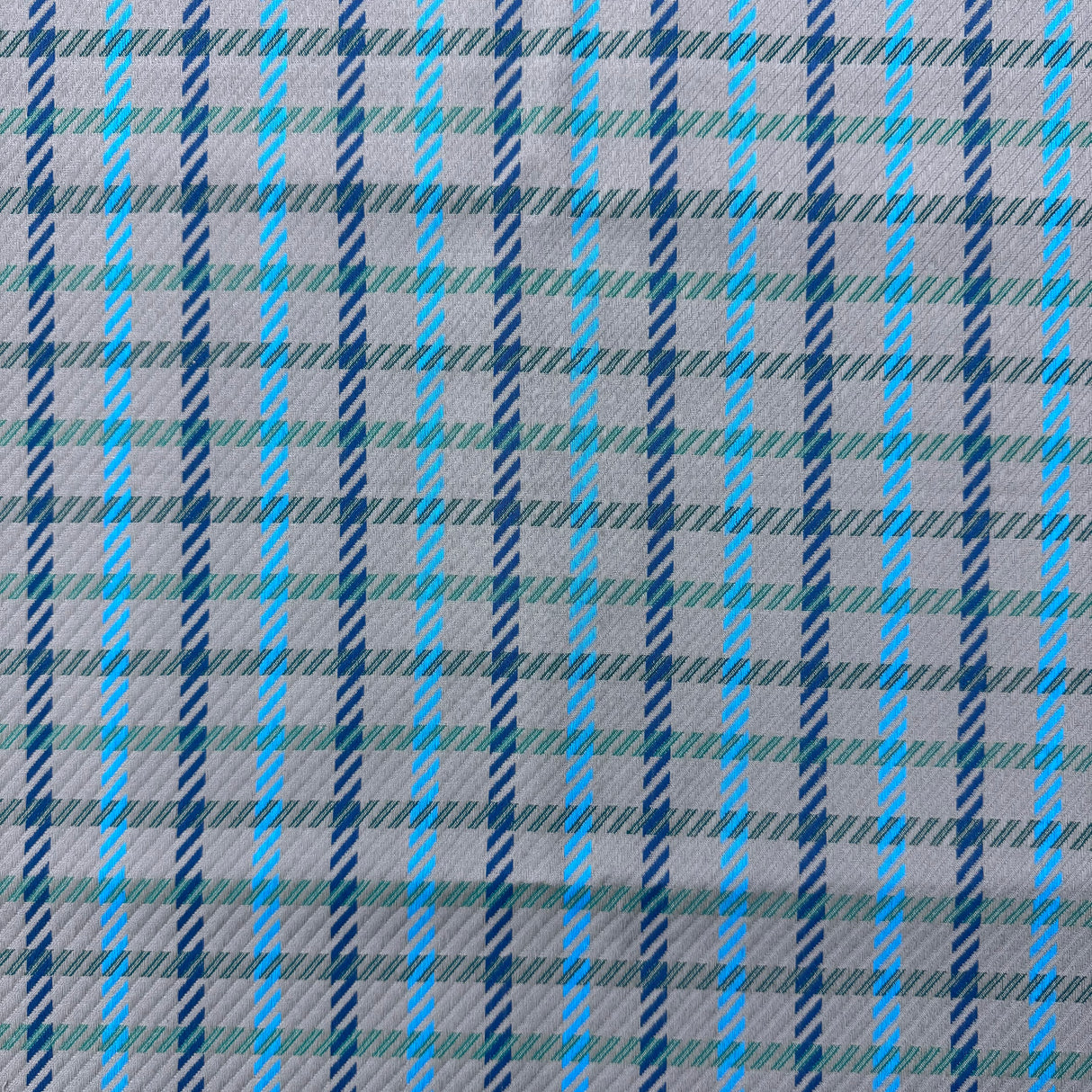 1970’s Grey with light blue, dark blue and green dashed plaid fabric (P4)