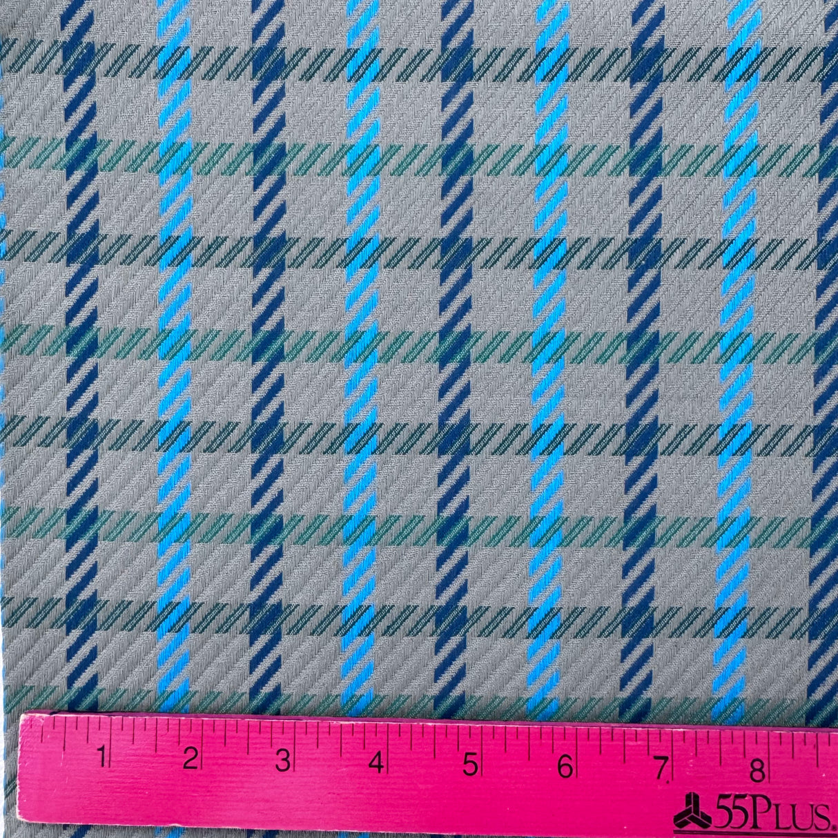 1970’s Grey with light blue, dark blue and green dashed plaid fabric (P4)