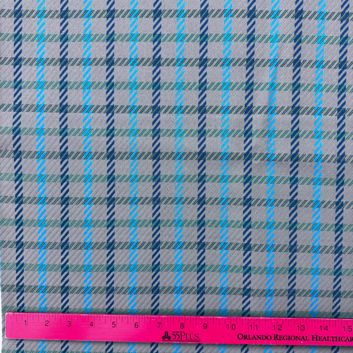 1970’s Grey with light blue, dark blue and green dashed plaid fabric (P4)