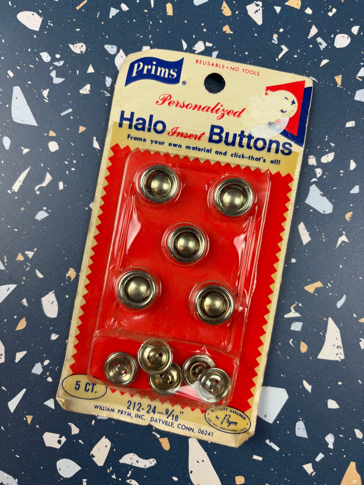 1970’s Prims Round "Cover-Your-Own" Halo Buttons - Set of 5 - Size 24 (9/16") - on card