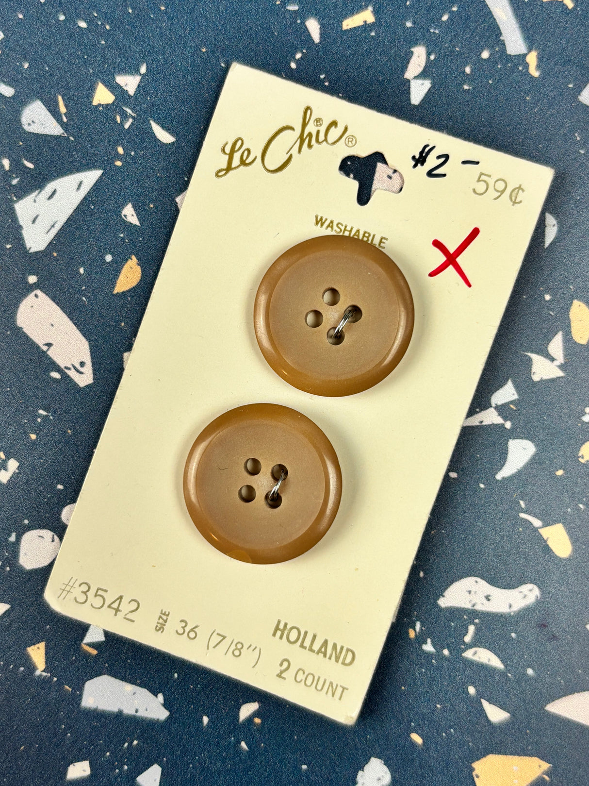 1970’s Le Chic Tan Matte Plastic Buttons - Set of 2 - 7/8” - on card