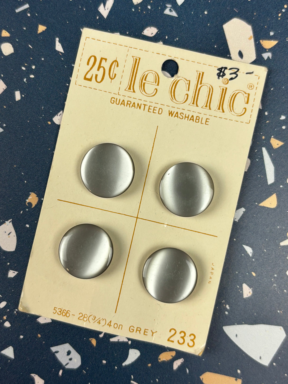 1960’s Le Chic Grey Pearlescent Shank Plastic Buttons - Set of 4 - 3/4” - on card
