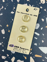 1970’s JHB The "Threehole" White Pearlescent Plastic Buttons - Set of 3 - 1/2” - on card