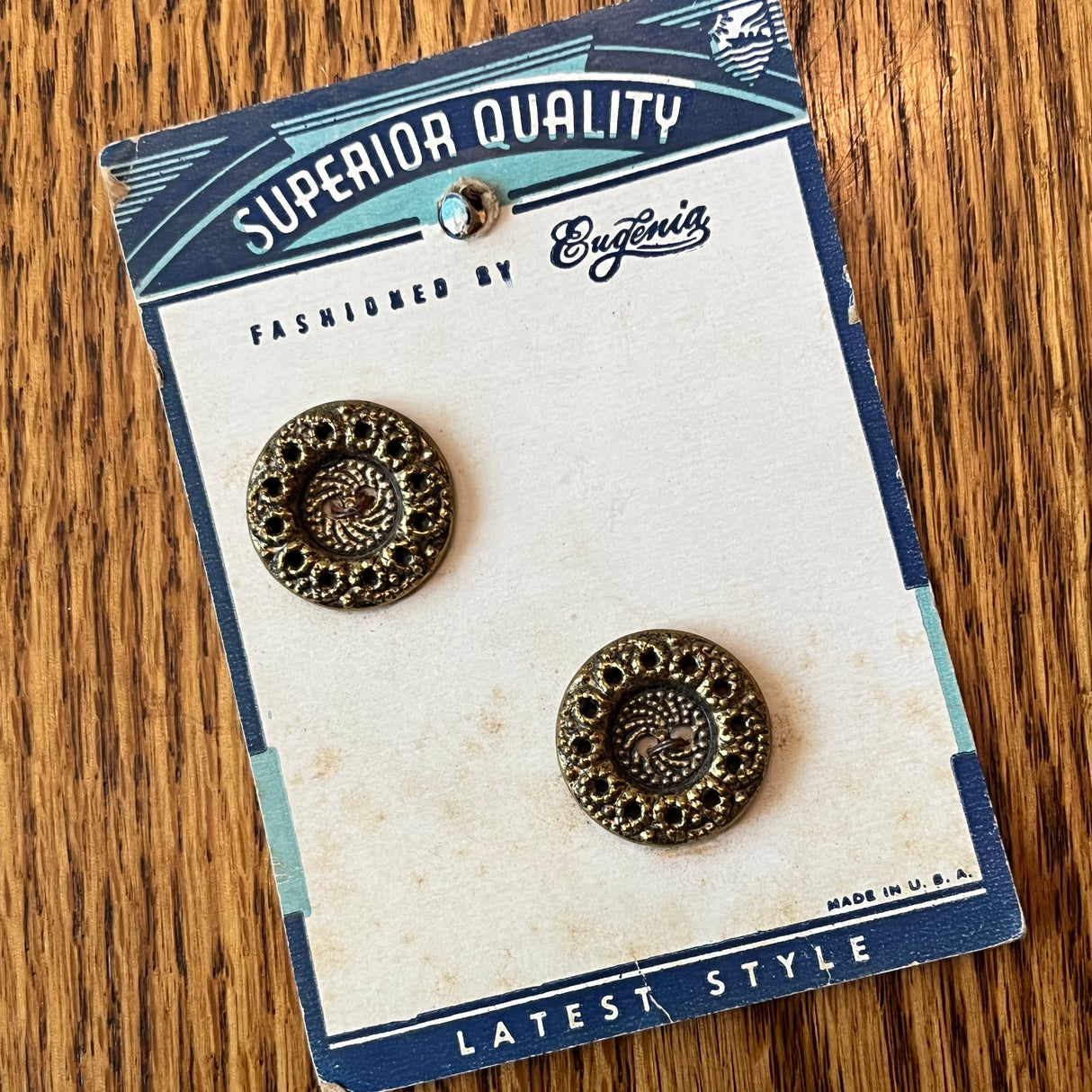 1940's Superior Quality by Eugenia Metal Buttons - Gold tone - set of 2 - 15/16" - on card