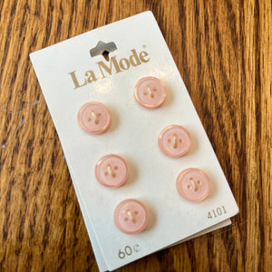 1980’s La Mode Plastic Buttons - Pink - Set of 6 - Size 18 - 7/16" -  on card