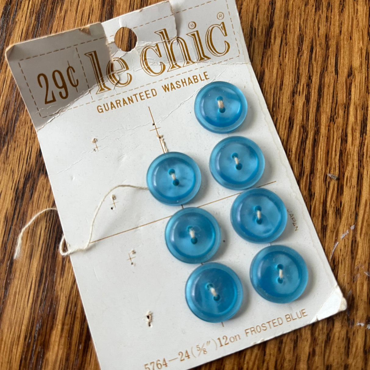 1970’s Le Chic Plastic Buttons - Frosted Blue - Set of 7 - Size 24 - 5/8" -  on card