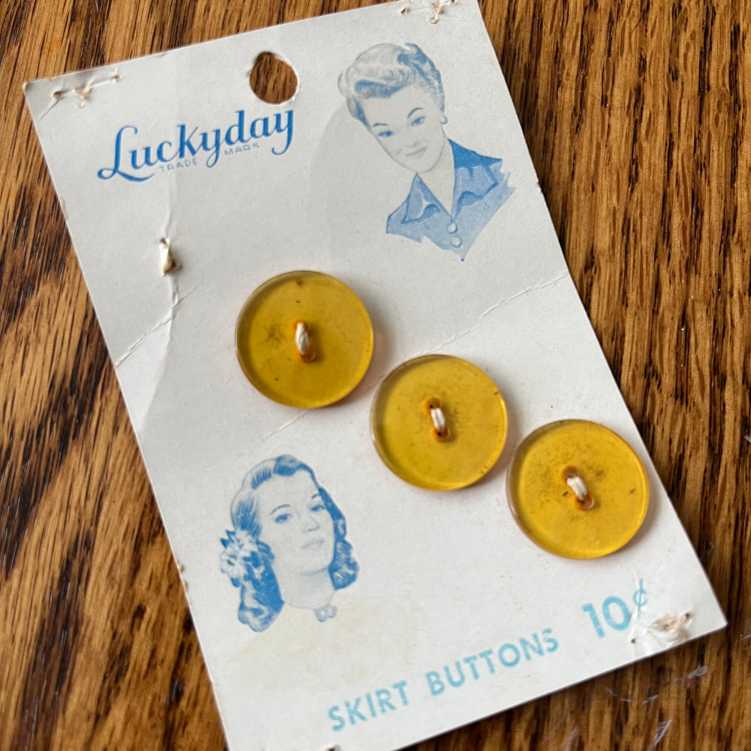 1950’s Lucky Day Yellow Plastic Buttons - Clear - Set of 3 - 3/4