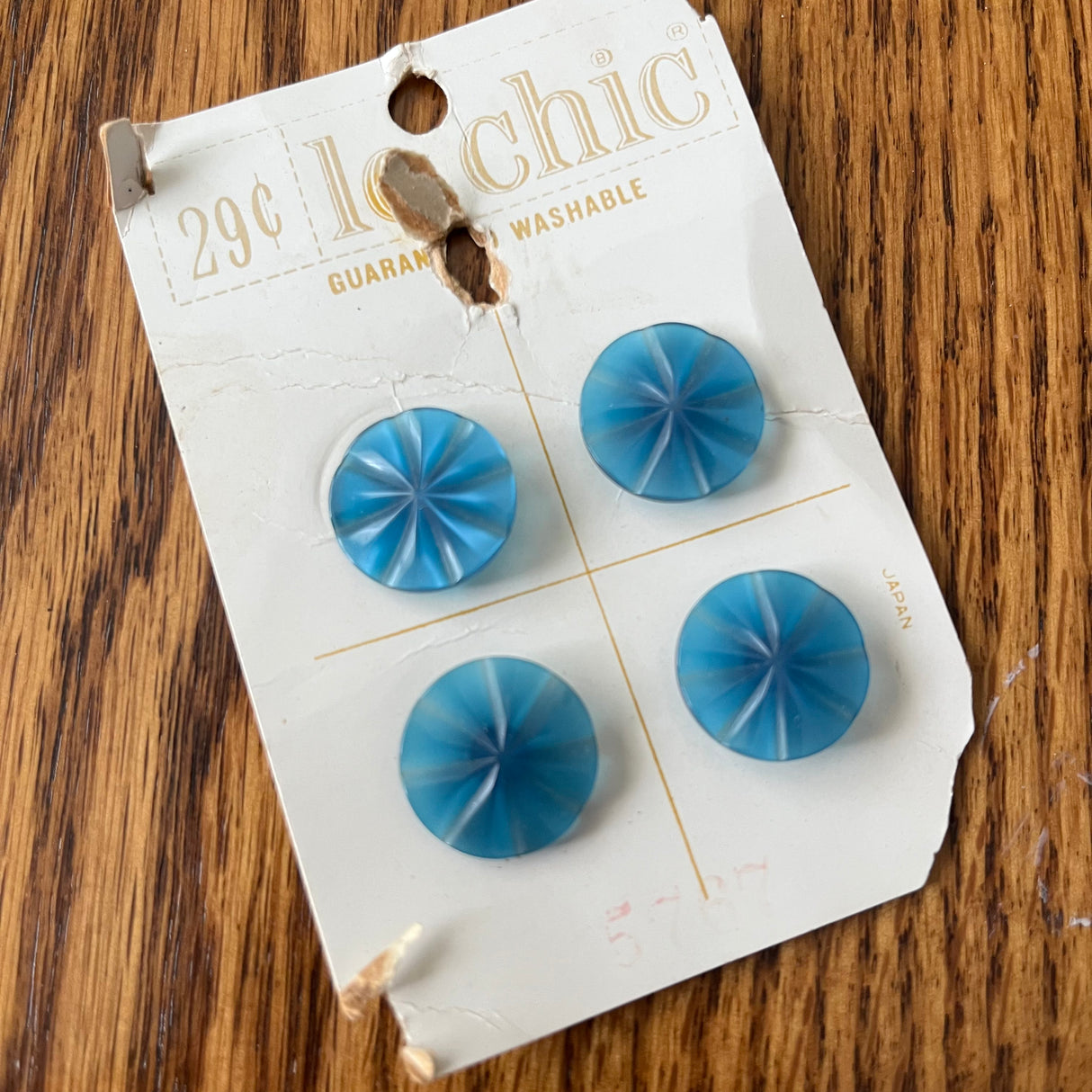 1970’s Le Chic Plastic Shank Buttons - Blue Opalescent - Set of 4 - 3/4" -  on card