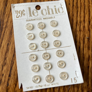 1970’s Le Chic White Plastic MOP style Buttons - White - Set of 18 - Size 12 - 5/16" -  on card