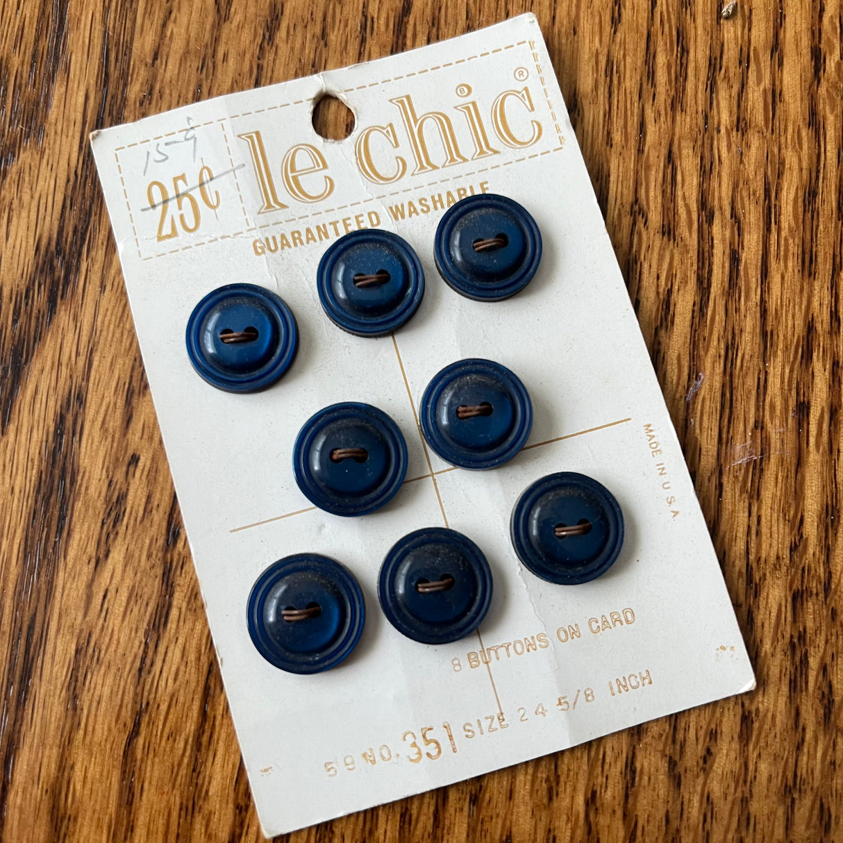 1970’s Le Chic Plastic Buttons - Frosted Dark Blue - Set of 8 - Size 24 - 5/8" -  on card