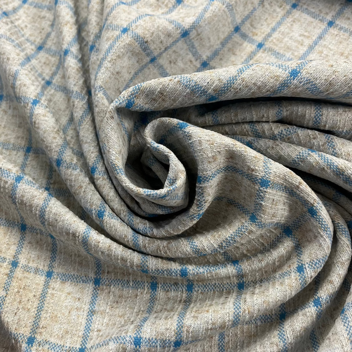 1970's Blue and Tan Plaid Double Knit Polyester Fabric