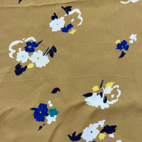 1970’s Mustard Yellow Base with Blue and White Flowers Fabric - Rayon crepe